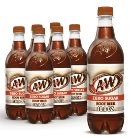 A&W Zero Sugar Root Beer Soda Pop, 16.9 fl oz, 6 Pack Bottles